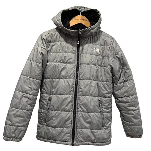 North Face Boys Reversible Shasta Full Zip Hooded Jacket Gray Black L 14-16